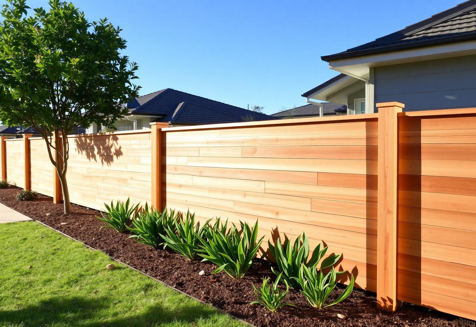 New horizontal spotted-gum fence after installation