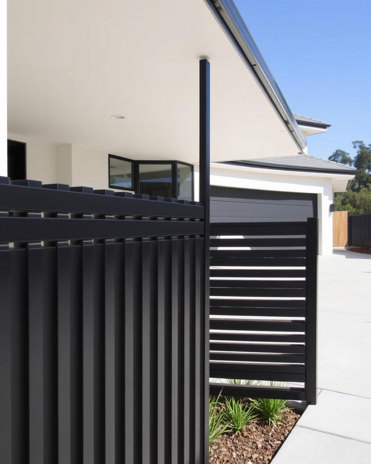 Black aluminium slat fence at a modern home entrance