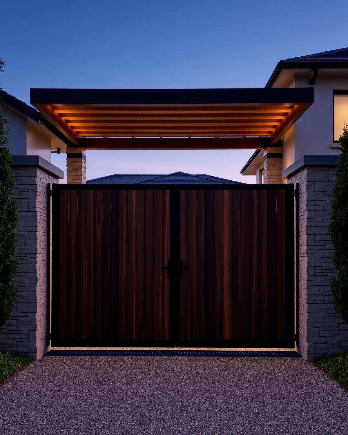 Dark timber automated driveway gate at dusk