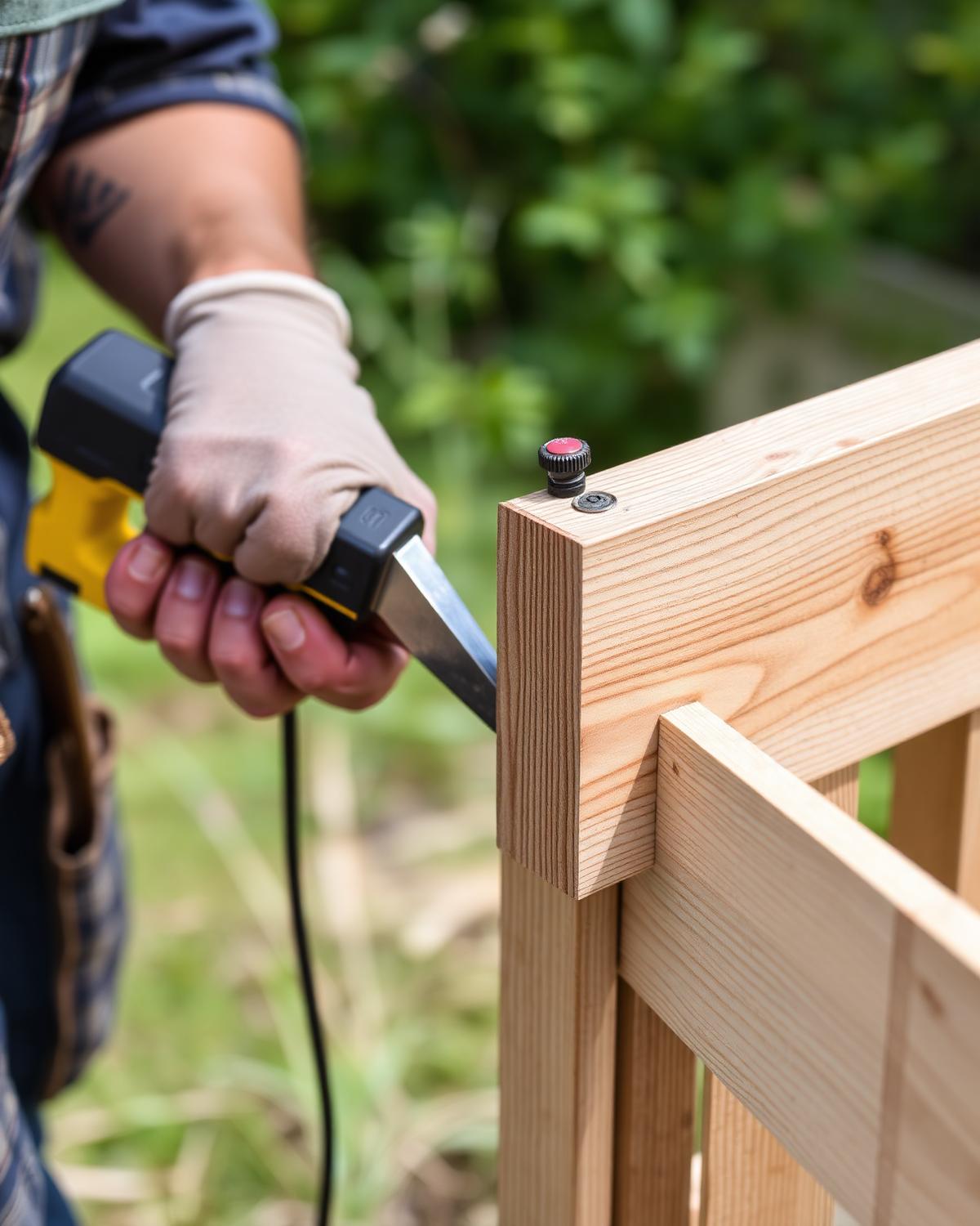Tradesperson installing a new hardwood fence panel